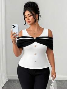 Elenzga Plus Size Women's Elegant Color Block Off-Shoulder Black & White Striped Elastic Fitted Top, Black & White Top, Party Dress, Spring/Summer Top, Beach Wear, Elegant Party Top, Casual Top, Wedding Guest Top, Women's Luxury Evening Gown, Women's Vacation Wear, Women's Graduation Top, Women's Birthday Top, Summer Holiday Wear, Women's Office Commute Wear, Women's Country Style - Black and White - View 1