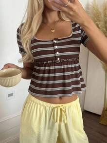 CovetEZ Brown Striped Casual Cute 90s Themed Women's Square Neck Short Sleeve Button Design T-Shirt Everyday Date Everyday Summer Travel Holiday - Brown - View 5