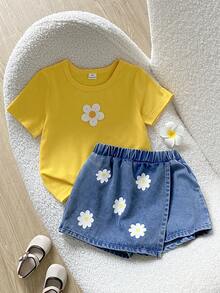 SHEIN Playful Pals 女童休閒圓領短袖牛仔印花短褲套裝，3D花朵鬆緊腰帶，適合夏季 - 黃色 - 查看 1