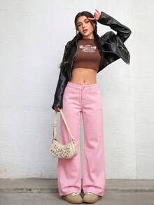 SHEIN ICON 女款口袋寬腿寬鬆休閒百搭牛仔長褲 - 賓治酒 - 查看 4