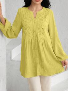 Graceveil Solid Color Lace Patchwork Textured Blouse - Yellow - View 5