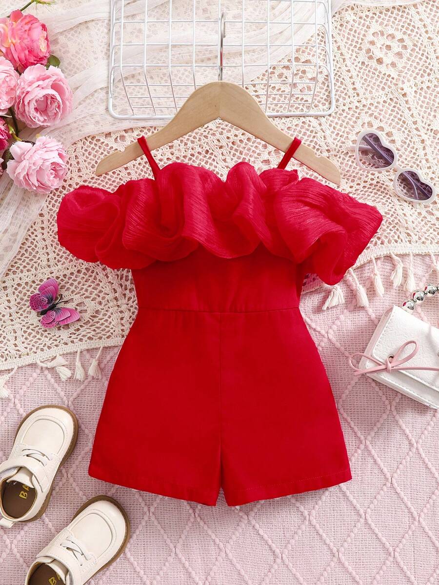 SHEIN 女嬰可愛夏季細肩帶露肩連身褲 - 紅色 - 查看 1