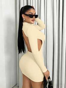 Sirith Light Yellow Rib-Knit Bodycon Mini Dress With Long Sleeves And Stand Collar Semi-Sheer Pencil Hem - Light Yellow - View 2