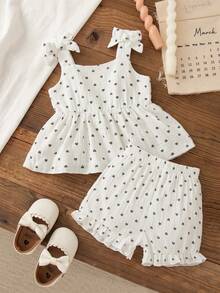 SHEIN Elladie kids 女童 2 件套 蝴蝶結裝飾肩帶拼接下擺背心上衣 愛心圖案印花短褲 舒適純棉 夏季套裝 - 黑與白 - 查看 4