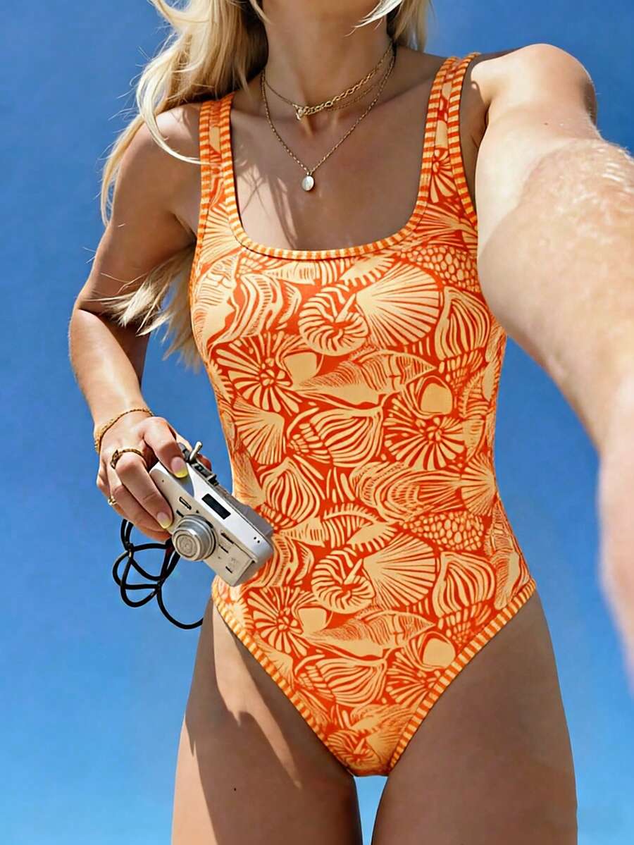 SHEIN Swim 女款一件式露背時尚泳衣,多色印花,優雅休閒度假海灘穿搭 - 彩色 - 查看 1