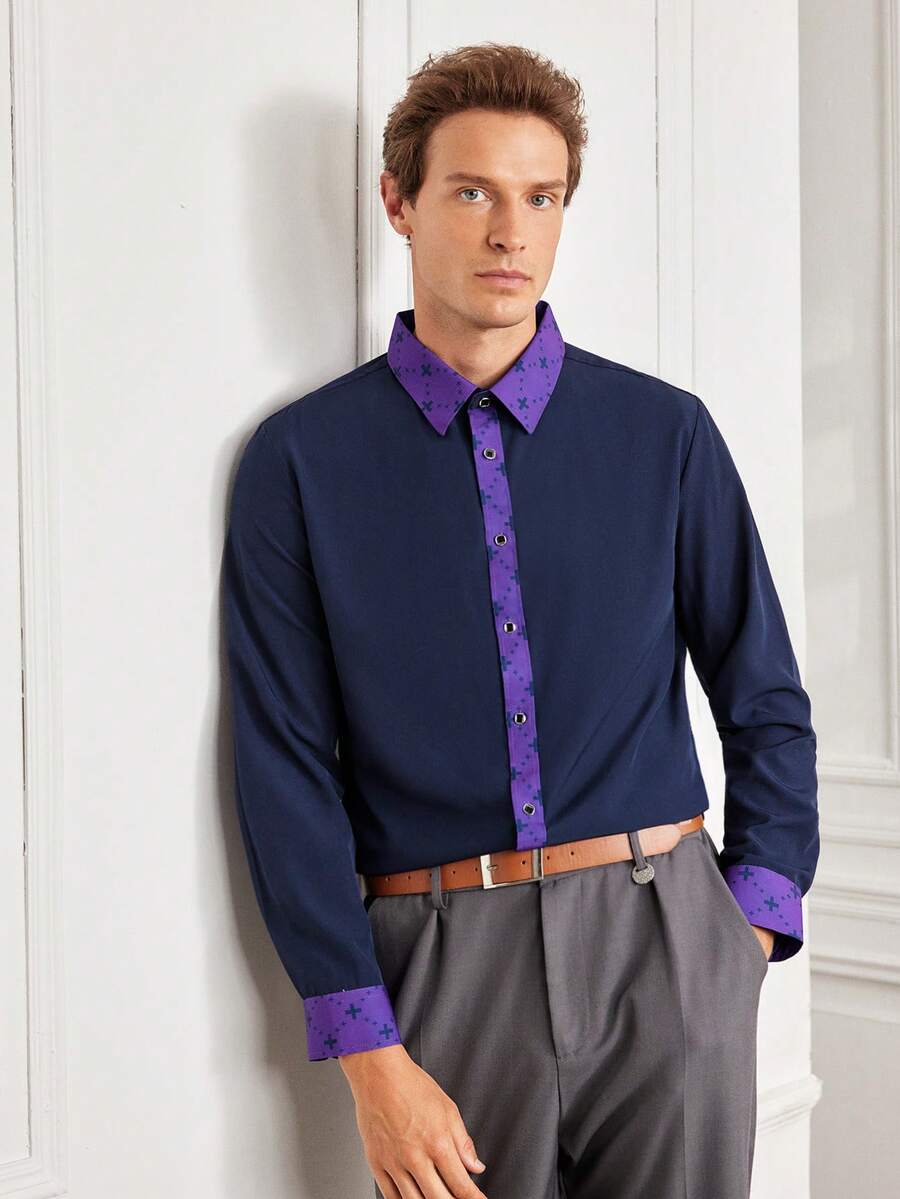 Officeau Men's Black & Purple Crossover Print Long Sleeve Dress Shirt, For Business Casual/ Commuting, Gift For Father/ Husband
