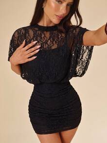SHEIN BAE Schwarzes einfarbiges sexy Spitzen-transparentes gerafftes Mini-Bodycon-Kleid, ärmellos mit hohem Kragen und drapierter Gestaltung, geeignet für Party, Cocktail, Nachtclub-Anlässe, Frühling/Sommer Damenkleid, Damen Sommerkleid - Schwarz - Übersicht 7