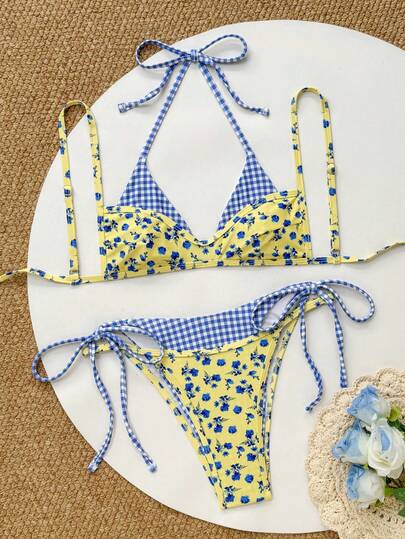 Swim Mod Women's Summer Beach Vacation Yellow Floral Plaid Printt Colorblock 2 In 1 Bikini Top And Triangle Bottom Sexy Swimsuit Set