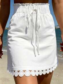 Roelina Women's Solid Color Vacation Style Drawstring Lace Trim High Waist Skirt Beach White Summer Cute Casual - White - View 5