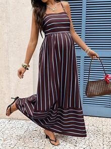 SHEIN Maternity Striped Colorblock Pleated Casual Everyday Outing Spaghetti Strap Dress - Brown - View 6