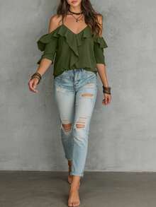 LUMIGAL Summer Casual Solid Color Off-Shoulder Ruffle Trim Short Sleeve Blouse - Olive Green - View 4