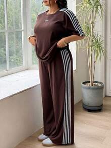 SHEIN EZwear 大码撞色条纹印花贴花圆领上衣和阔腿裤休闲两件套 - 藏蓝色 - 查看 3