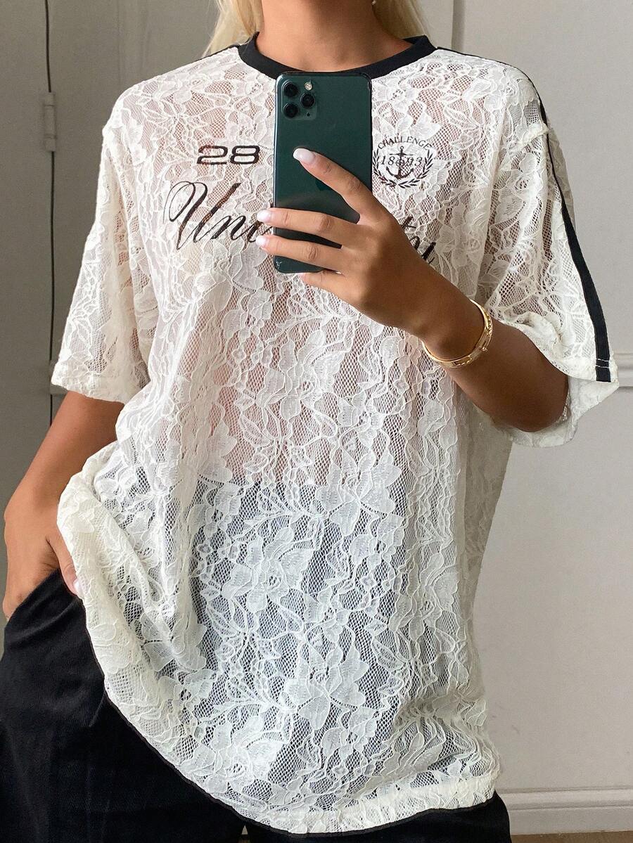 DAZY Lace Letter Print Loose Short Sleeve Casual Vacation Summer Women's T-Shirt School - Apricot - View 1