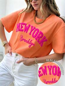 DrmWander Plus Size Women's Letter Towel Embroidery Round Neck Short Sleeve Casual T-Shirt - Orange - View 1
