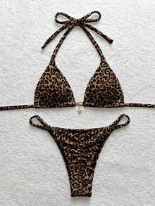 Soleia Women's Leopard Print Halter Bikini Set, Suitable For Summer - Multicolor - View 7