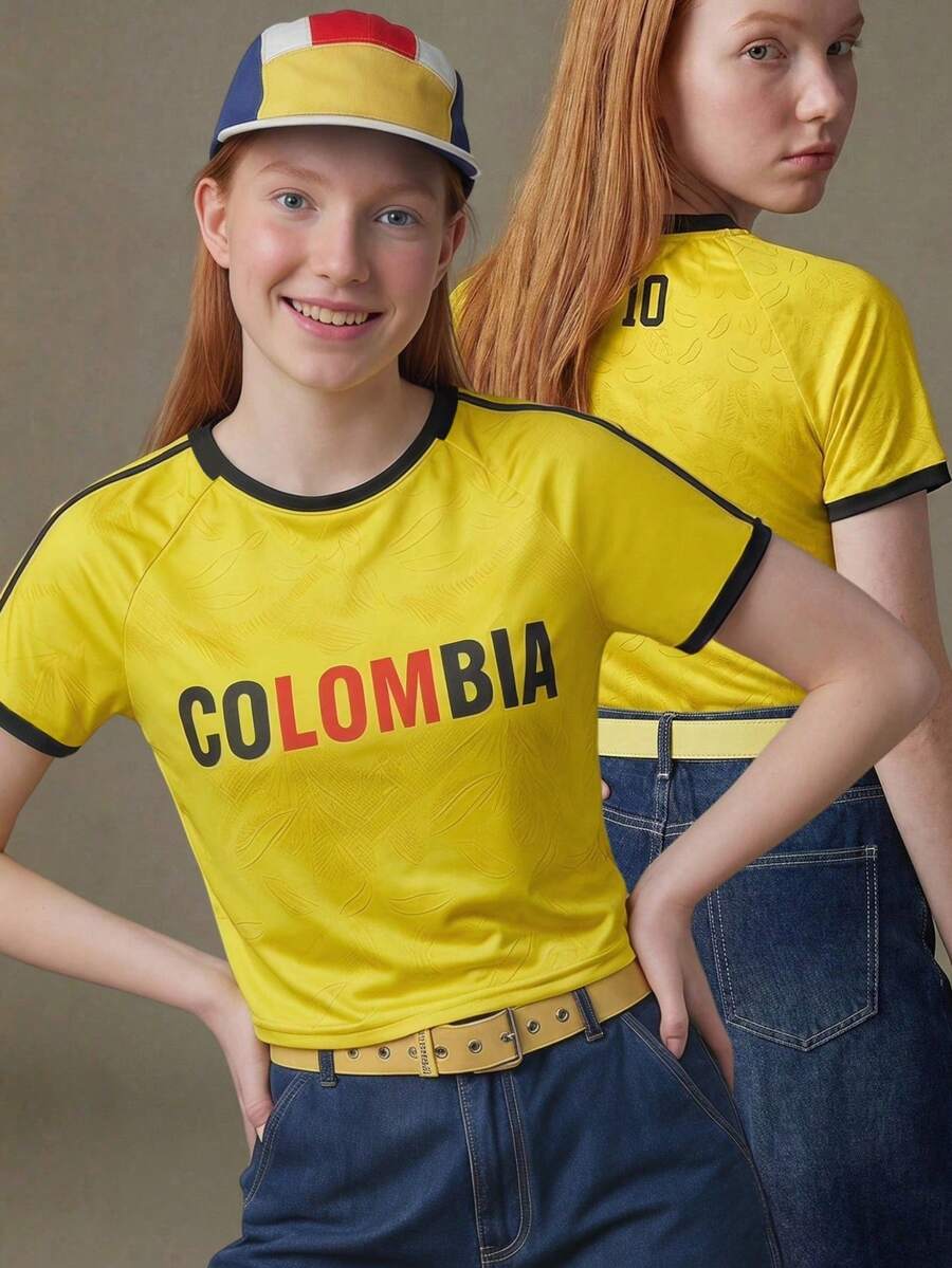 Elnivra 2026年足球世界盃哥倫比亞足球球衣風格女款短版T恤,復古印花足球球迷上衣,哥倫比亞隊支持者,適用於美國–加拿大–墨西哥 - 黃色 - 查看 1