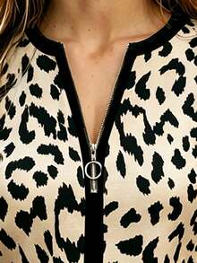 RosyDaze Leopard Print Long Sleeve T-Shirt, Versatile Style Suitable For Outdoor Wear, V-Neck Metal Zipper Design - Multicolor - View 4