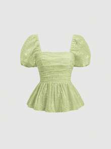 Sweetra Blusa de mujer estilo francés dulce y fresco, rosa con bordado, plisada, corte A, manga corta, para primavera y verano - Verde - Ver 1
