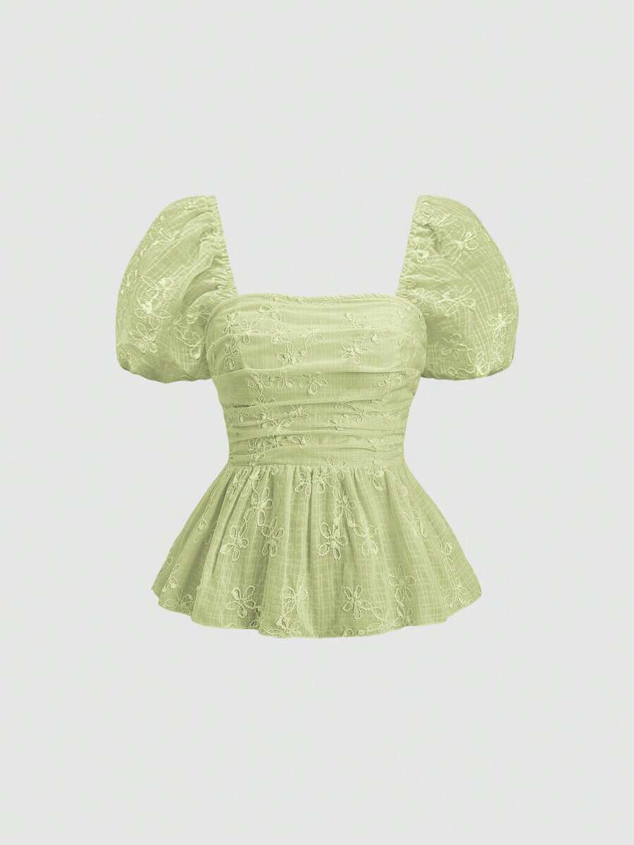 Sweetra Blusa de mujer estilo francés dulce y fresco, rosa con bordado, plisada, corte A, manga corta, para primavera y verano - Verde - Ver 1