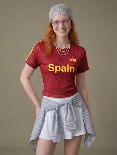 Elnivra 2026 Football World Cup Spain Soccer Jersey Style Women's Cropped  Red T-Shirt Summer Streetwear City Break Holiday Vacation Retro