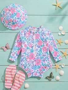 SHEIN Newborn Baby Girl Cute Floral Pattern Ruffle Long Sleeve One-Piece Swimsuit (Hat Not Included) - Pink - View 6