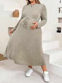 Plussiva Plus Size Maternity Casual Drawstring Waist Dress Fall - Grey - View 6