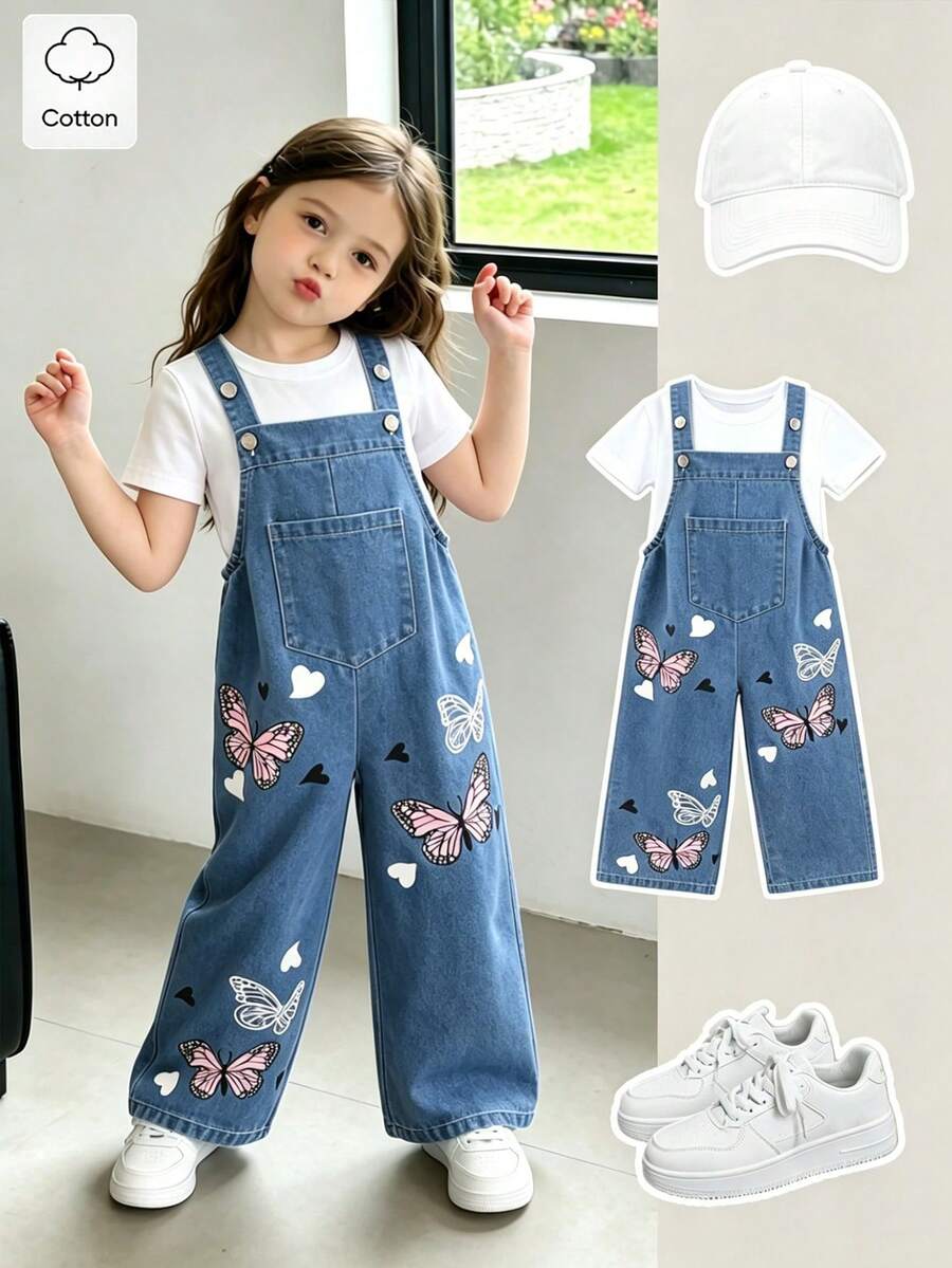 Elladie kids 少女卡通蝴蝶印花牛仔背带裤,夏季休闲时尚装 - 藍色 - 查看 1