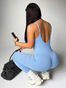 SHEIN Rhythm Era Plus Size Women's Ribbed U-Neck Spaghetti Strap Backless Seamless Tight Yoga Sports Jumpsuit Gym Light Blue Summer - Dusty Blue - View 3