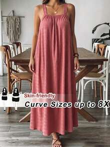 SHEIN CURVE+ 大码曲线/秋季服装/女士秋季服装/女士冬季服装/冬季服装大码纯色褶皱细节休闲吊带连衣裙，适合生日派对、毕业典礼、学生装、日常休闲、度假等场合。 - 玫瑰紅 - 查看 2
