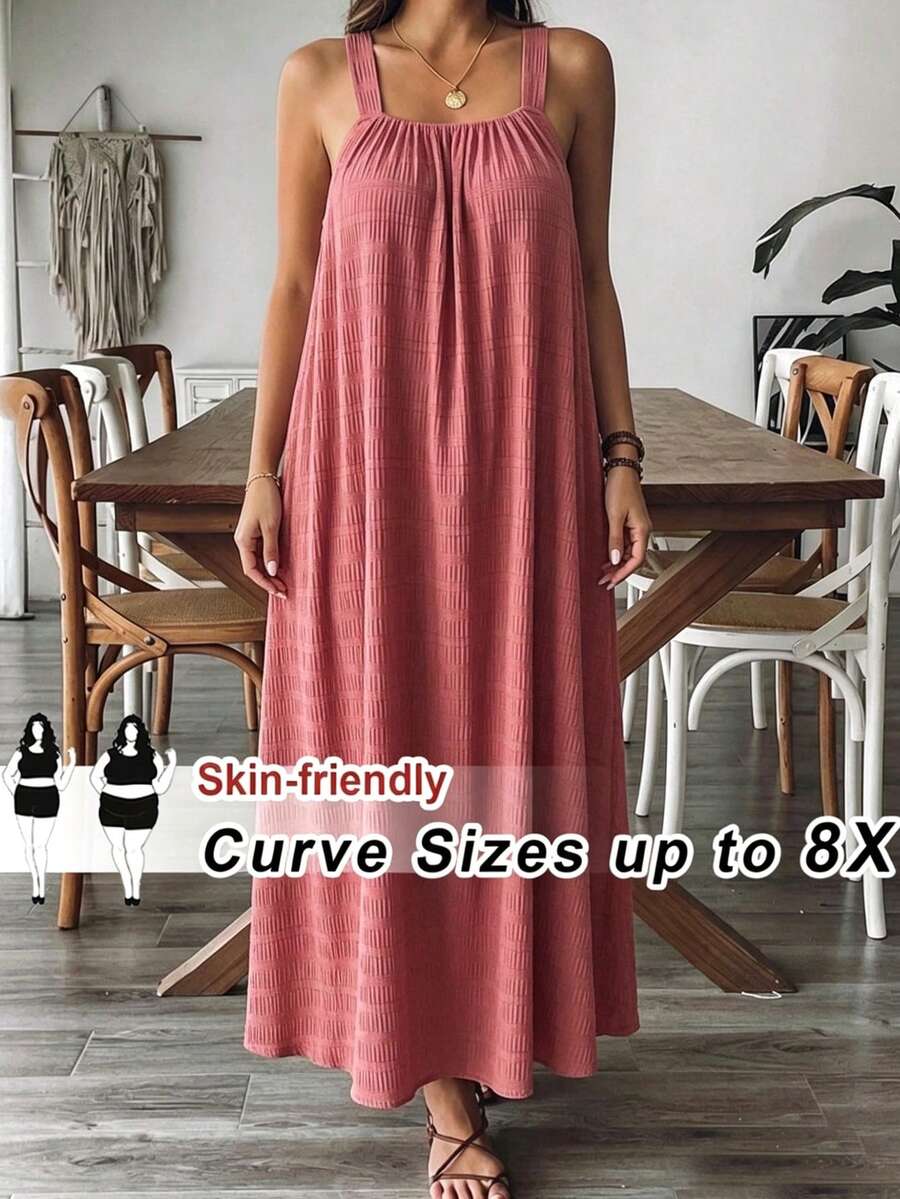 SHEIN CURVE+ 大码曲线/秋季服装/女士秋季服装/女士冬季服装/冬季服装大码纯色褶皱细节休闲吊带连衣裙，适合生日派对、毕业典礼、学生装、日常休闲、度假等场合。