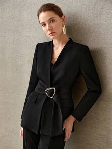 MOTF PREMIUM WOMEN'S SOLID COLOR METAL DECOR COMMUTER BLAZER - Black - View 6