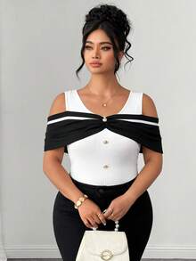 Elenzga Plus Size Women's Elegant Color Block Off-Shoulder Black & White Striped Elastic Fitted Top, Black & White Top, Party Dress, Spring/Summer Top, Beach Wear, Elegant Party Top, Casual Top, Wedding Guest Top, Women's Luxury Evening Gown, Women's Vacation Wear, Women's Graduation Top, Women's Birthday Top, Summer Holiday Wear, Women's Office Commute Wear, Women's Country Style - Black and White - View 5