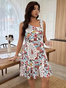 Weeklong Gaun Pendek A-Line Wanita Ukuran Plus untuk Liburan Musim Semi/Panas, Kasual, Leher Asimetris, Motif Renda Bertekstur - MultiWarna - View 3