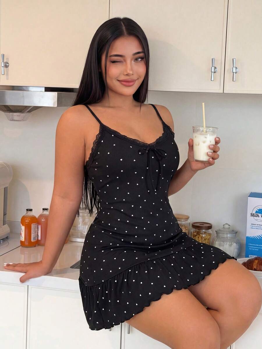 ZzzCrew Gaun Tidur Camisole Seksi Rajut Bergaris Motif Hati untuk Wanita Ukuran Plus, Dapat Dipakai di Luar Ruangan - Hitam - View 1