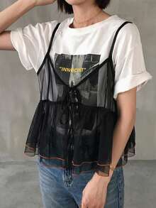 FRIFUL Top de tirantes de malla con cordones para mujer, efecto adelgazante, con volantes fruncidos y cordones para el verano - Negro - Ver 3