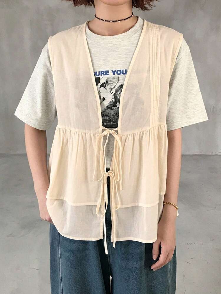 FRIFUL Camiseta sin mangas de mujer de unicolor con lazo delantero y bajo con volantes para el verano - Albaricoque - Añade 3