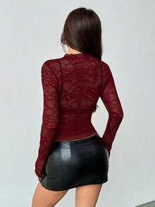 EgrlEra Women's Lace Elastic Peony Floral Sheer Sexy Top (Random Cut) - Maroon - View 2