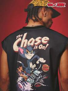 TOM & JERRY X SHEIN PAVTROS Tank Top Pria Kasual Musim Panas dengan Motif Kartun - Hitam - View 3