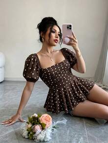 SHEIN PariChic 女款泡泡袖收腰優雅襯衫 - 咖啡棕 - 查看 3