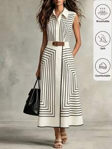 SHEIN LUNE Women's Apricot Geometric Striped Sleeveless Shirt Dress, Belted Waist A-Line Midi Dress, Elegant Casual Dress For Work, Vacation & Party - Multicolor - View 1