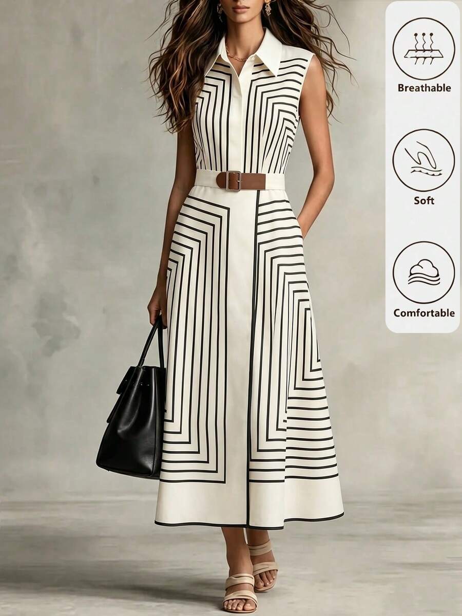 SHEIN LUNE Women's Apricot Geometric Striped Sleeveless Shirt Dress, Belted Waist A-Line Midi Dress, Elegant Casual Dress For Work, Vacation & Party - Multicolor - View 1
