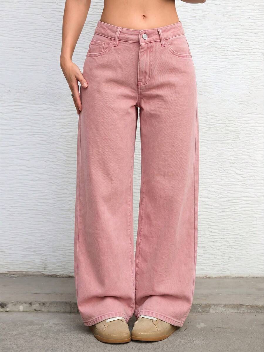 SHEIN ICON Casual Washed Straight Leg Denim Jeans - Pink - View 1