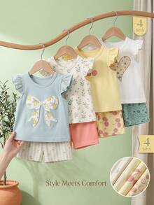 SHEIN Playful Pals 4套幼兒女童可愛休閒花朵櫻桃愛心印花荷葉袖柔軟兩件套夏季上衣短褲套裝 度假海灘穿搭 - 彩色 - 查看 1