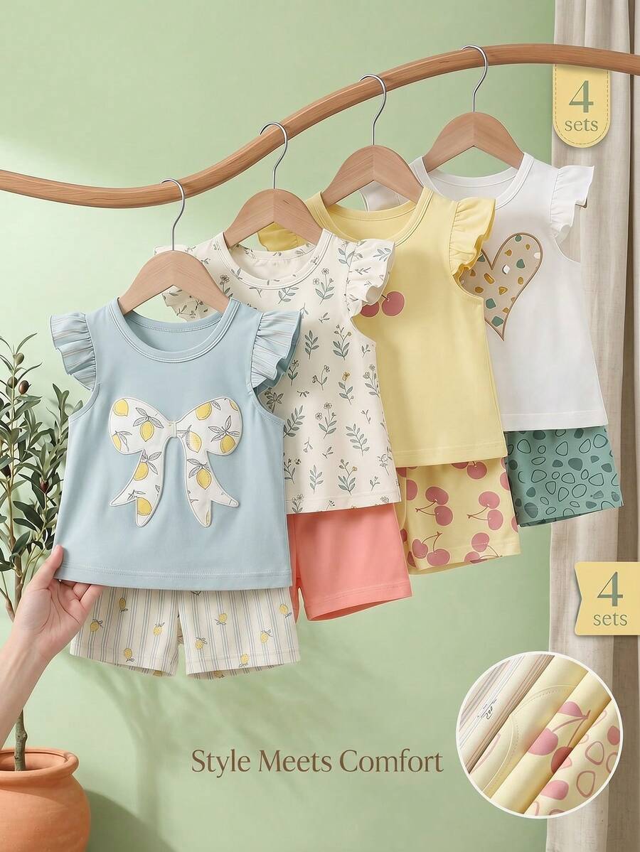 SHEIN Playful Pals 4套幼兒女童可愛休閒花朵櫻桃愛心印花荷葉袖柔軟兩件套夏季上衣短褲套裝 度假海灘穿搭 - 彩色 - 查看 1