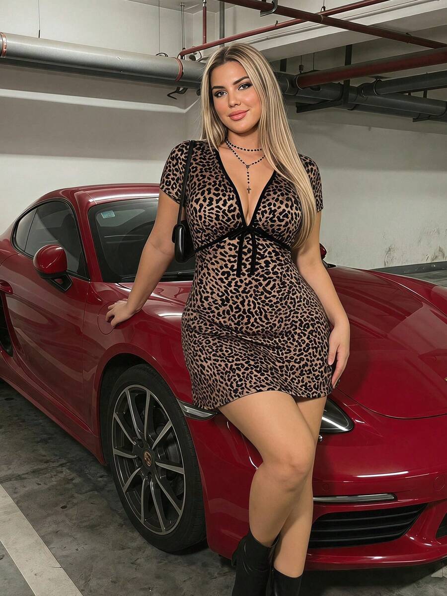 SHEIN ICON 大尺碼女款豹紋繫帶性感洋裝,適合音樂節穿著 - 彩色 - 查看 1