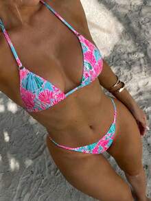 Swim Vcay 2026 Women's Summer Beach Vacation Shell Print Halter Bikini Set, Random Print - Multicolor - View 1