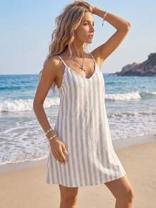SHEIN LUNE 女款條紋拼接休閒度假旅行迷你細肩帶洋裝 - 彩色 - 查看 5