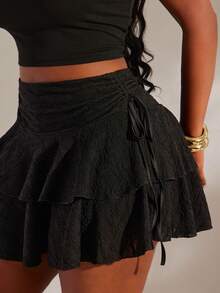 SHEIN SXY Black Stretch Lace Mini Skirt With Drawstring Waist And Layered Ruffles, Perfect For Vacation. Gothic Style, Casual Yet Sexy Street Wear. Autumn Gym - Black - View 7