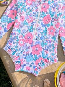 SHEIN Newborn Baby Girl Cute Floral Pattern Ruffle Long Sleeve One-Piece Swimsuit (Hat Not Included) - Pink - View 5