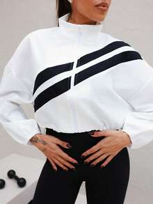 Maju Mazalli Color Block Full Zip Drawstring Hem Sports Jacket, Suitable For Spring And Autumn - White - View 4